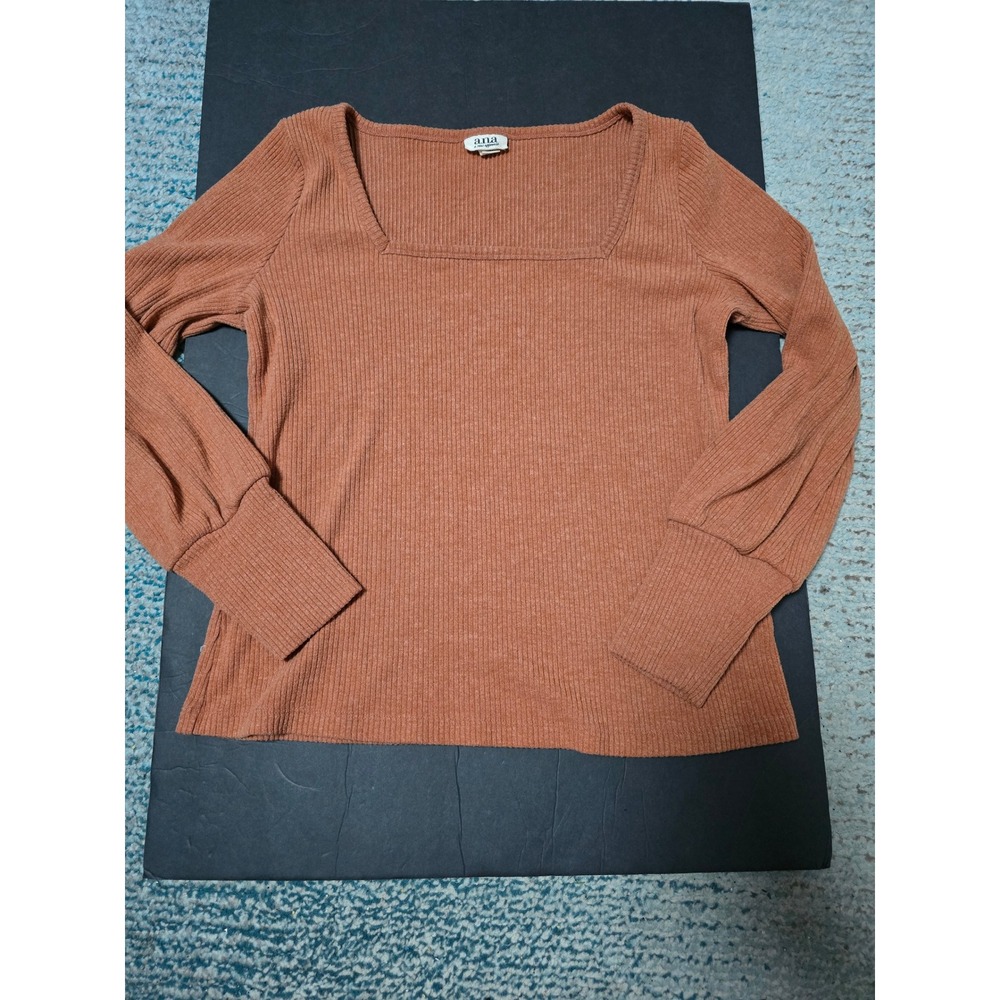 ANA a new approach Womens Medium Square Neck Long Sleeve Ribbed Knit Top rust‎